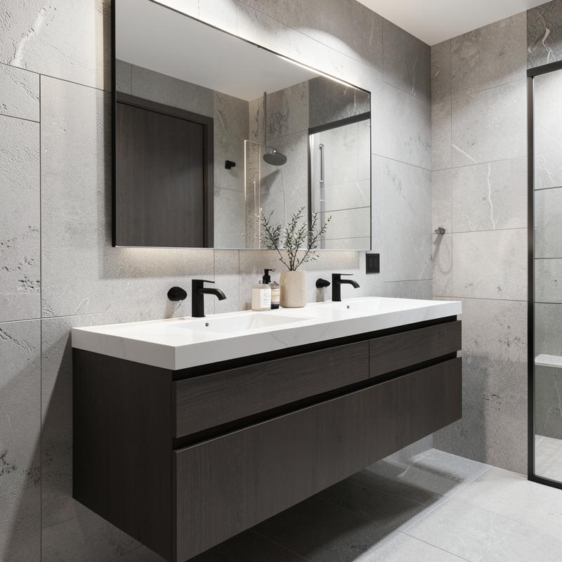 Custom double vanity with matte black faucets installed in a Scarborough bathroom