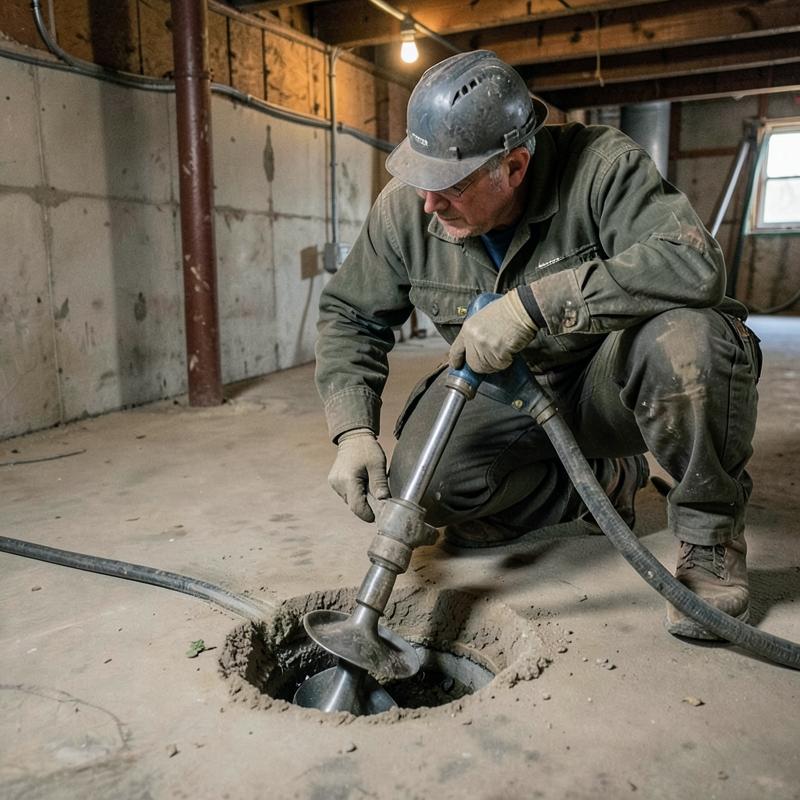 Plumber clearing a blocked basement floor drain with an auger in Scarborough